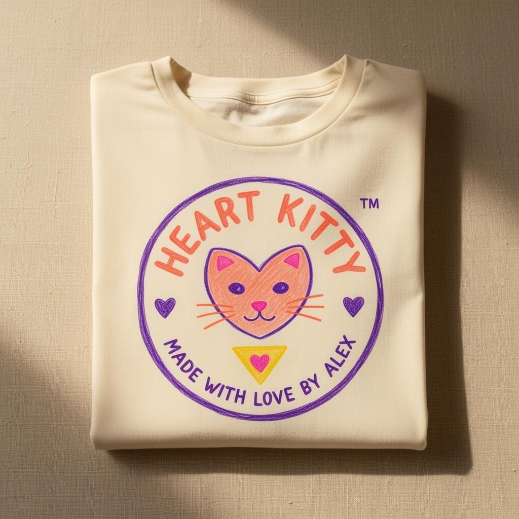 Heart Kitty Badge Tee in Natural — front view of original Heart Kitty cat artwork by Alex