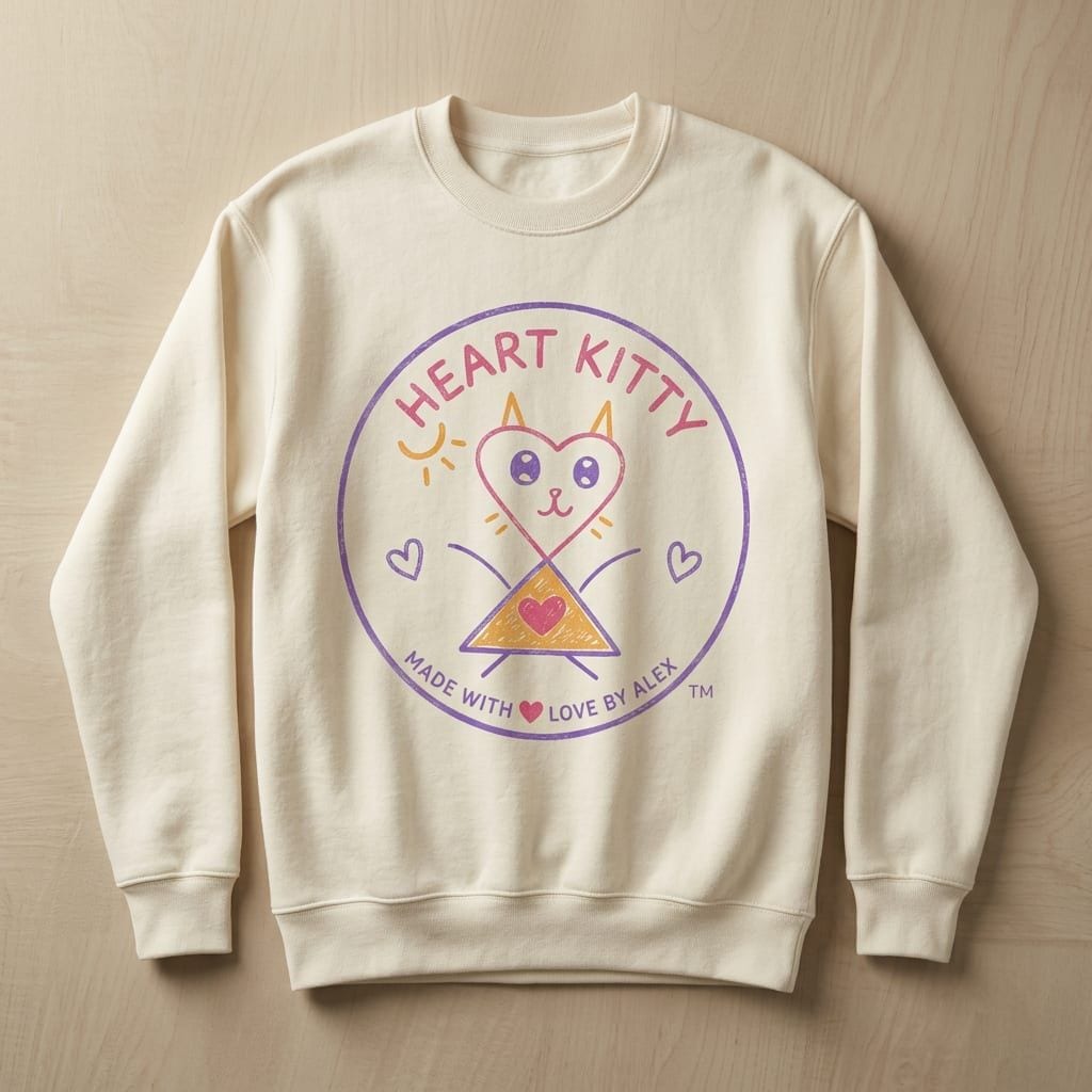 Made With Love Crewneck in Natural — front view of original Heart Kitty cat artwork by Alex