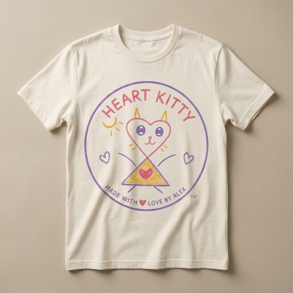 Made With Love Tee in Natural — front view of original Heart Kitty cat artwork by Alex